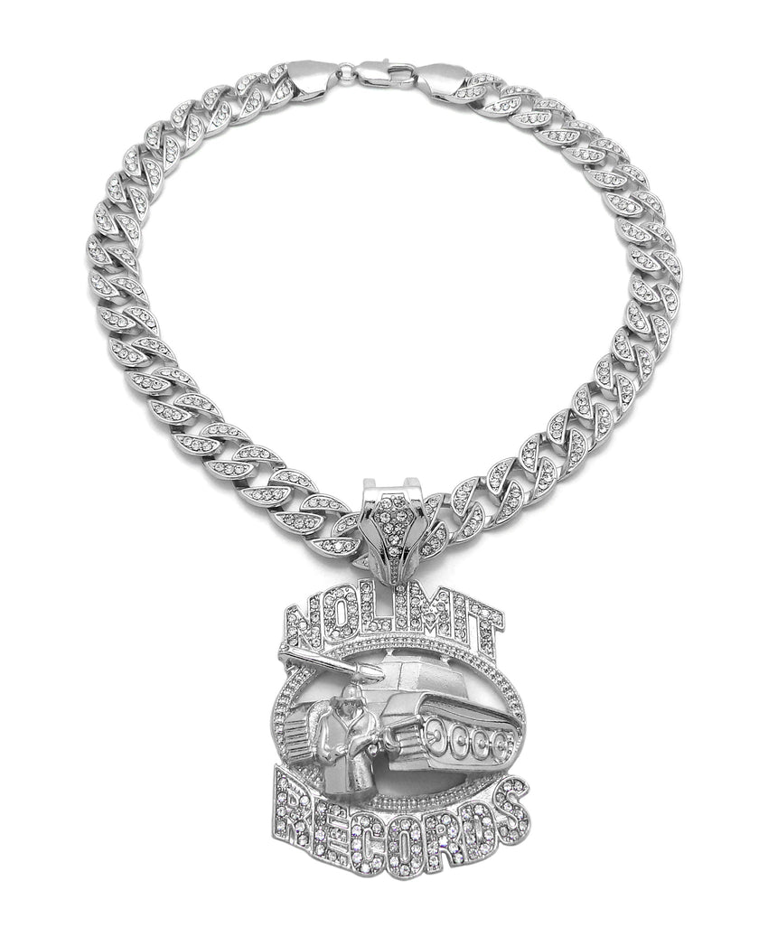 NOLIMIT RECORDS TANK White Gold Plated Pendant & 10mm 18" 20" 24" Iced Cuban Chain Bling Necklace