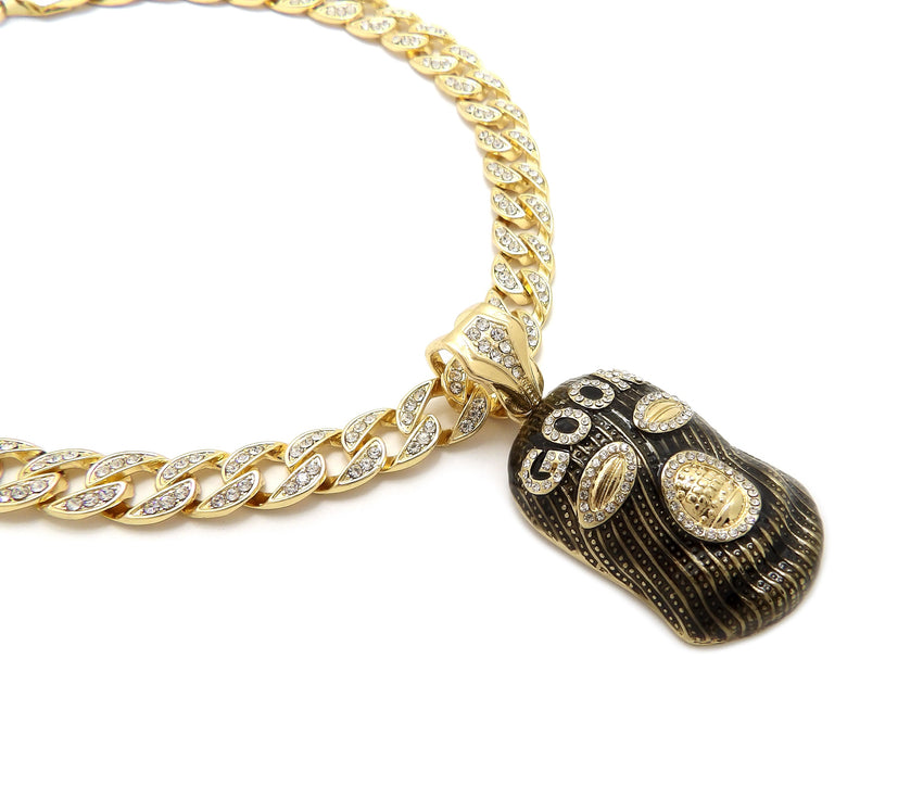 Hip Hop Gold Plated GOON MASK Pendant & 10mm 18" 20" 24" Iced Cuban Chain Bling Necklace