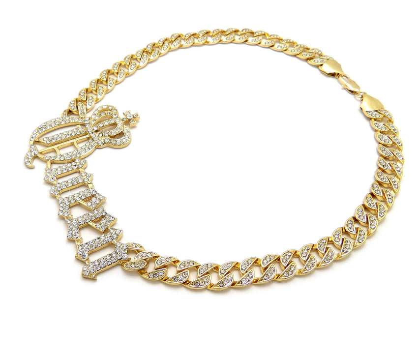 Hip Hop Gold PT Crowned Queen Pendant & 10mm 18" 20" 24" Iced Cuban Chain Bling Necklace