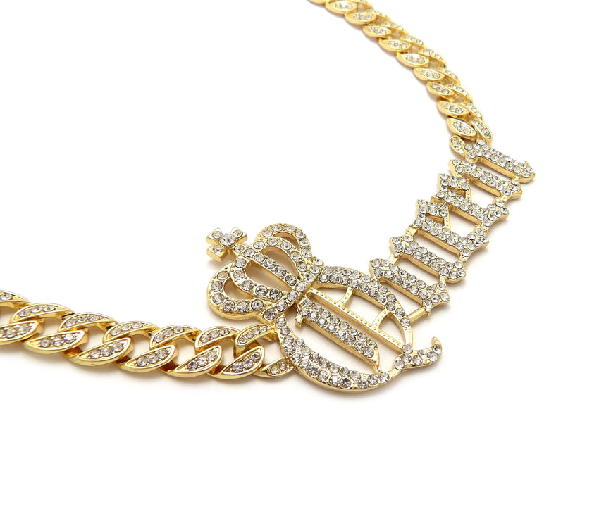 Hip Hop Gold PT Crowned Queen Pendant & 10mm 18" 20" 24" Iced Cuban Chain Bling Necklace