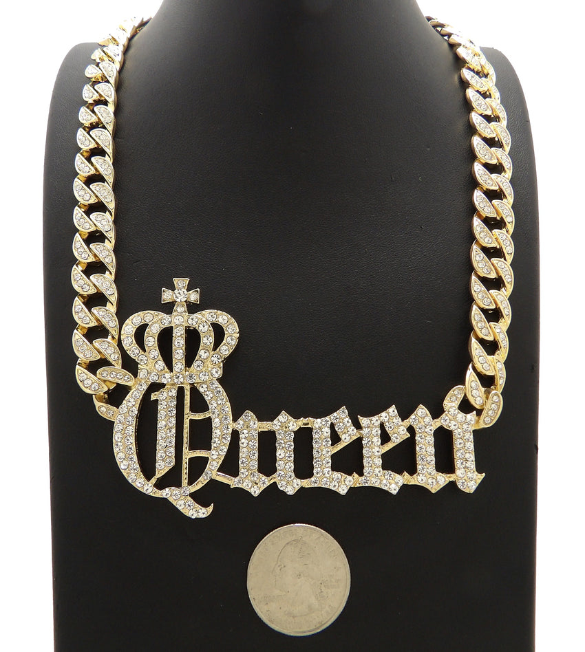 Hip Hop Gold PT Crowned Queen Pendant & 10mm 18" 20" 24" Iced Cuban Chain Bling Necklace