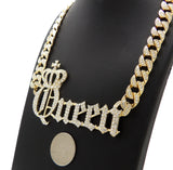 Hip Hop Gold PT Crowned Queen Pendant & 10mm 18" 20" 24" Iced Cuban Chain Bling Necklace