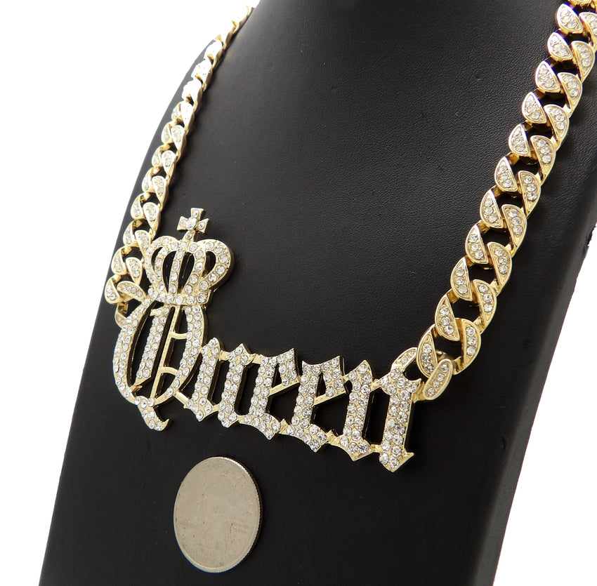 Hip Hop Gold PT Crowned Queen Pendant & 10mm 18" 20" 24" Iced Cuban Chain Bling Necklace
