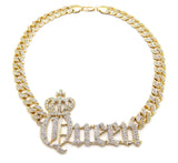 Hip Hop Gold PT Crowned Queen Pendant & 10mm 18" 20" 24" Iced Cuban Chain Bling Necklace