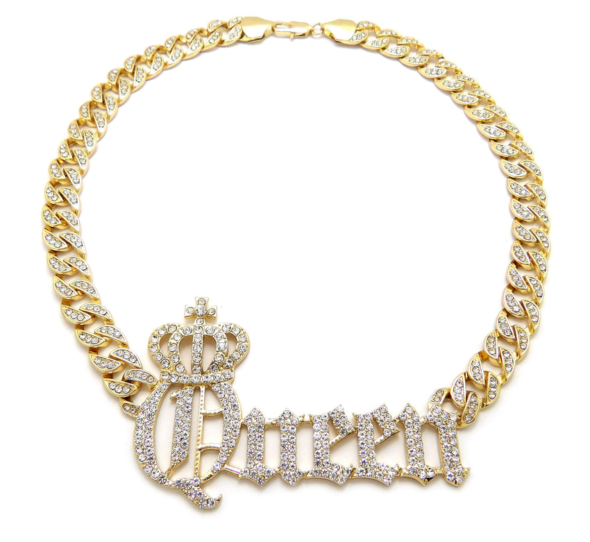 Hip Hop Gold PT Crowned Queen Pendant & 10mm 18" 20" 24" Iced Cuban Chain Bling Necklace