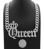 Hip Hop White Gold PT Crowned Queen Pendant & 10mm 18" 20" 24" Iced Cuban Chain Bling Necklace
