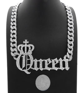Hip Hop White Gold PT Crowned Queen Pendant & 10mm 18