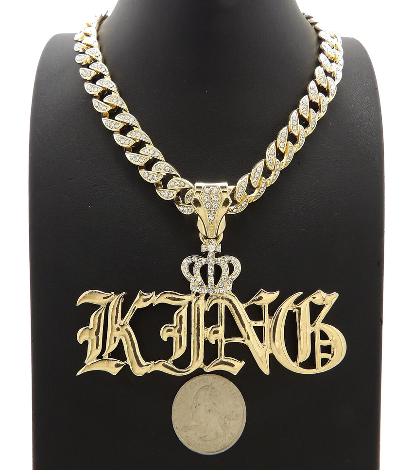 Hip Hop Gold PT Crowned King Pendant & 10mm 18" 20" 24" Iced Cuban Chain Bling Necklace