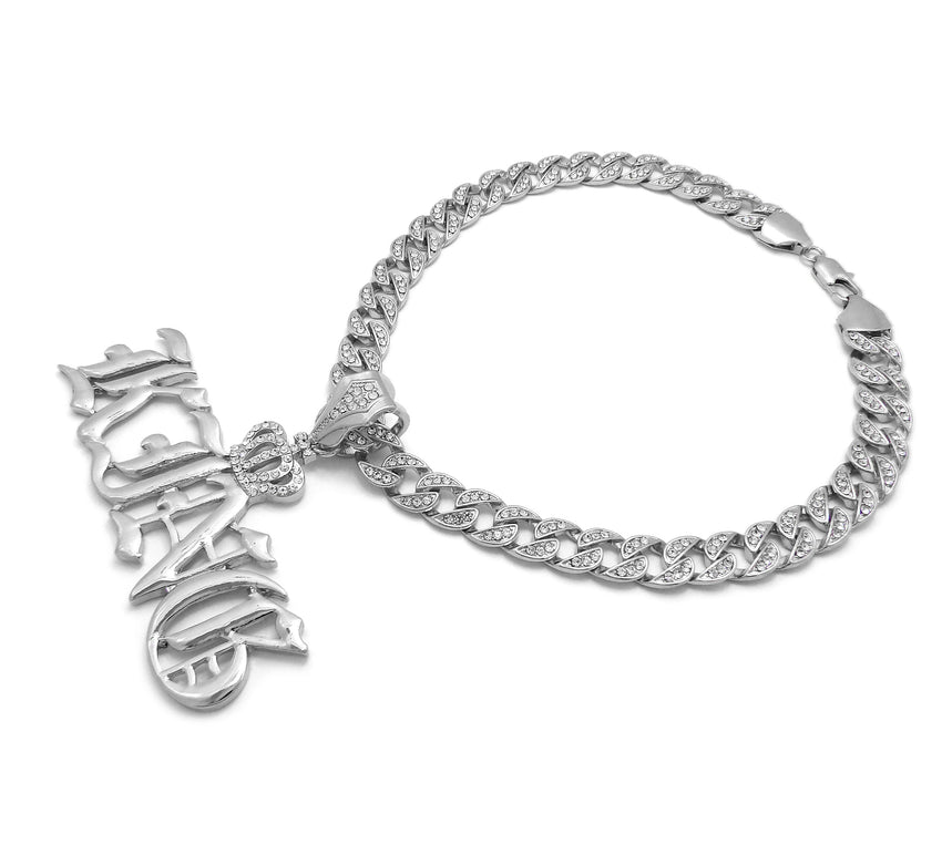Hip Hop White Gold PT Crowned King Pendant & 10mm 18" 20" 24" Iced Cuban Chain Bling Necklace