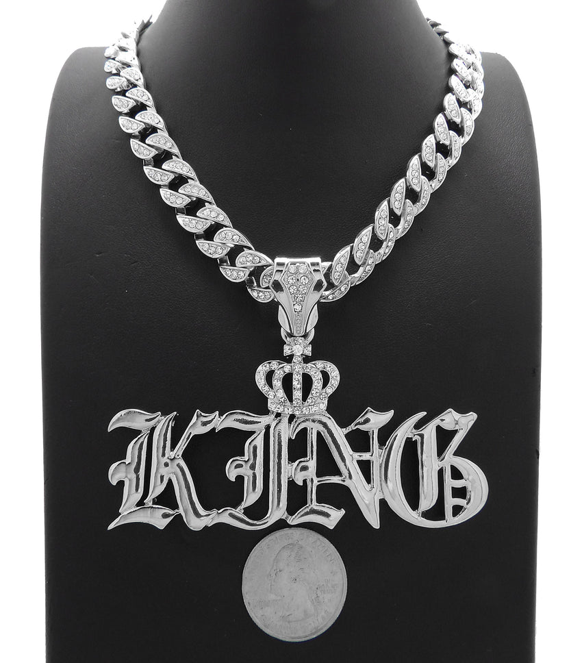 Hip Hop White Gold PT Crowned King Pendant & 10mm 18" 20" 24" Iced Cuban Chain Bling Necklace