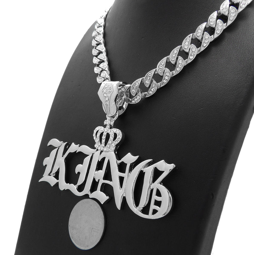 Hip Hop White Gold PT Crowned King Pendant & 10mm 18" 20" 24" Iced Cuban Chain Bling Necklace