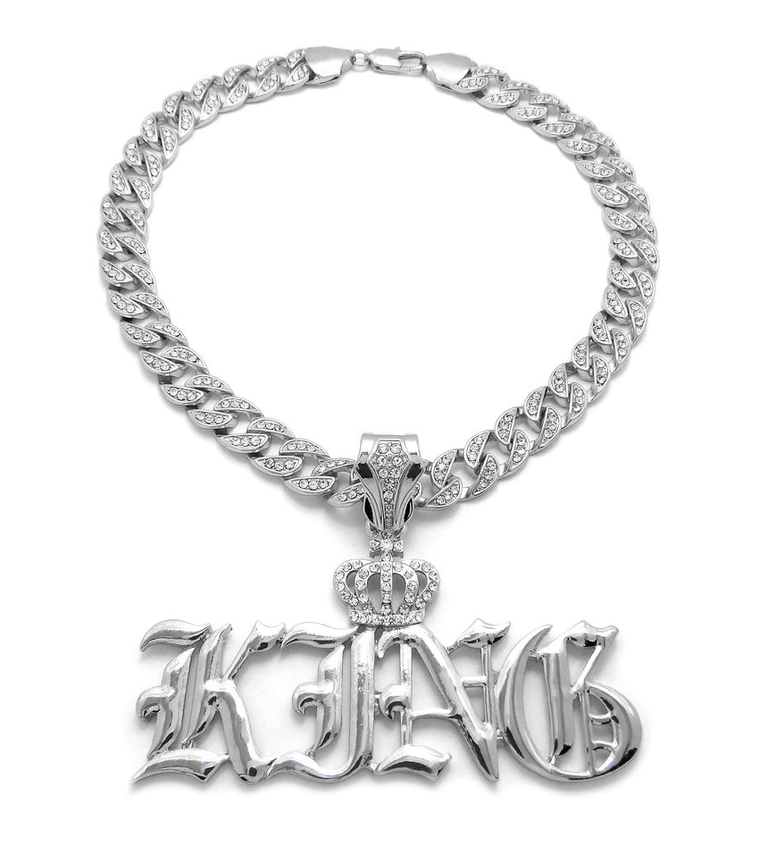 Hip Hop White Gold PT Crowned King Pendant & 10mm 18" 20" 24" Iced Cuban Chain Bling Necklace