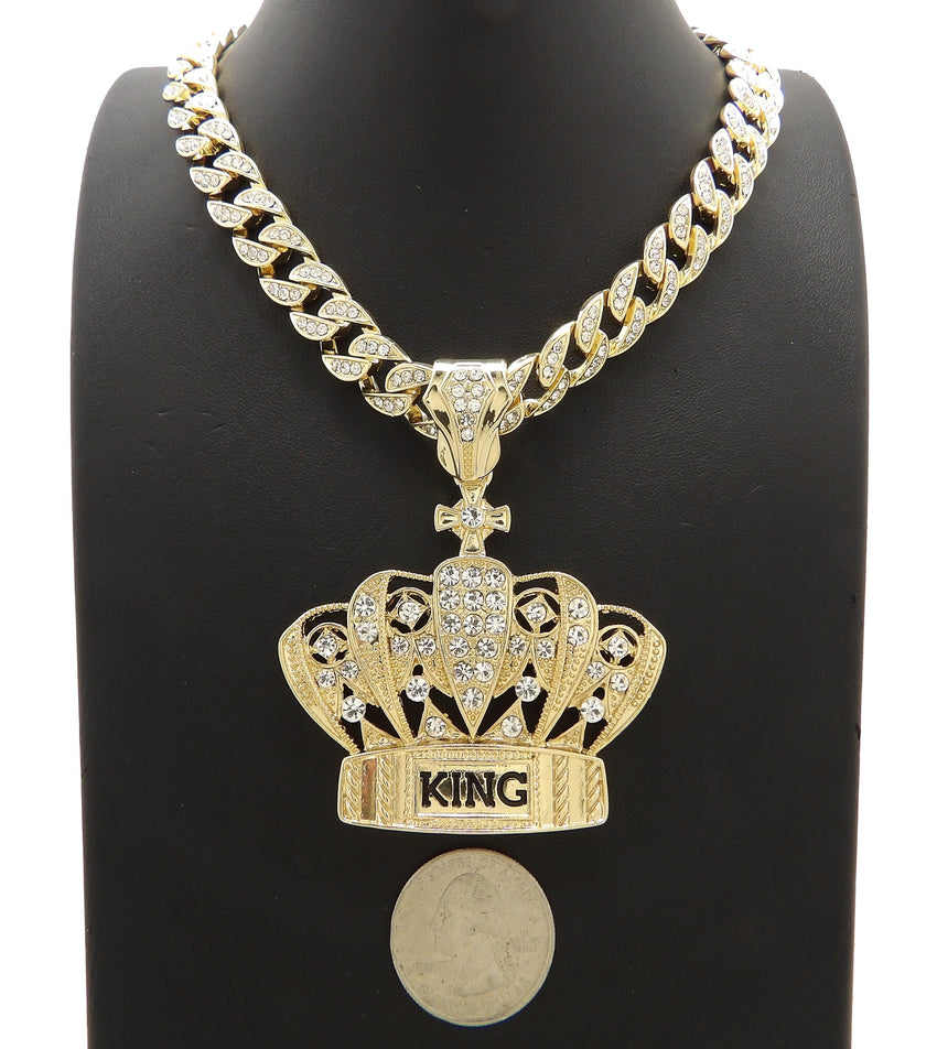 Hip Hop Gold PT King Crown Pendant & 10mm 18" 20" 24" Iced Cuban Chain Bling Necklace