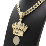Hip Hop Gold PT King Crown Pendant & 10mm 18" 20" 24" Iced Cuban Chain Bling Necklace