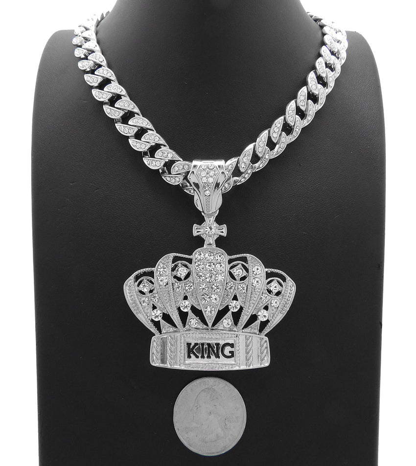 Hip Hop White Gold PT King Crown Pendant & 10mm 18" 20" 24" Iced Cuban Chain Bling Necklace