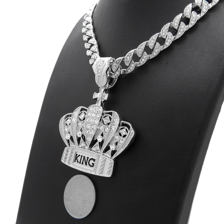Hip Hop White Gold PT King Crown Pendant & 10mm 18" 20" 24" Iced Cuban Chain Bling Necklace