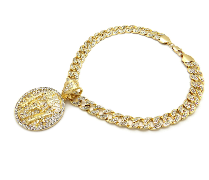 Hip Hop Gold Tone NBA YoungBoy 4KT Pendant & 10mm 18" 20" 24" Iced Cuban Chain Necklace