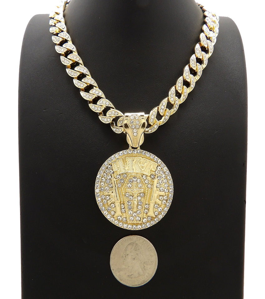 Hip Hop Gold Tone NBA YoungBoy 4KT Pendant & 10mm 18" 20" 24" Iced Cuban Chain Necklace