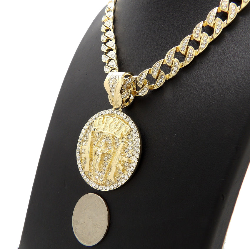 Hip Hop Gold Tone NBA YoungBoy 4KT Pendant & 10mm 18" 20" 24" Iced Cuban Chain Necklace