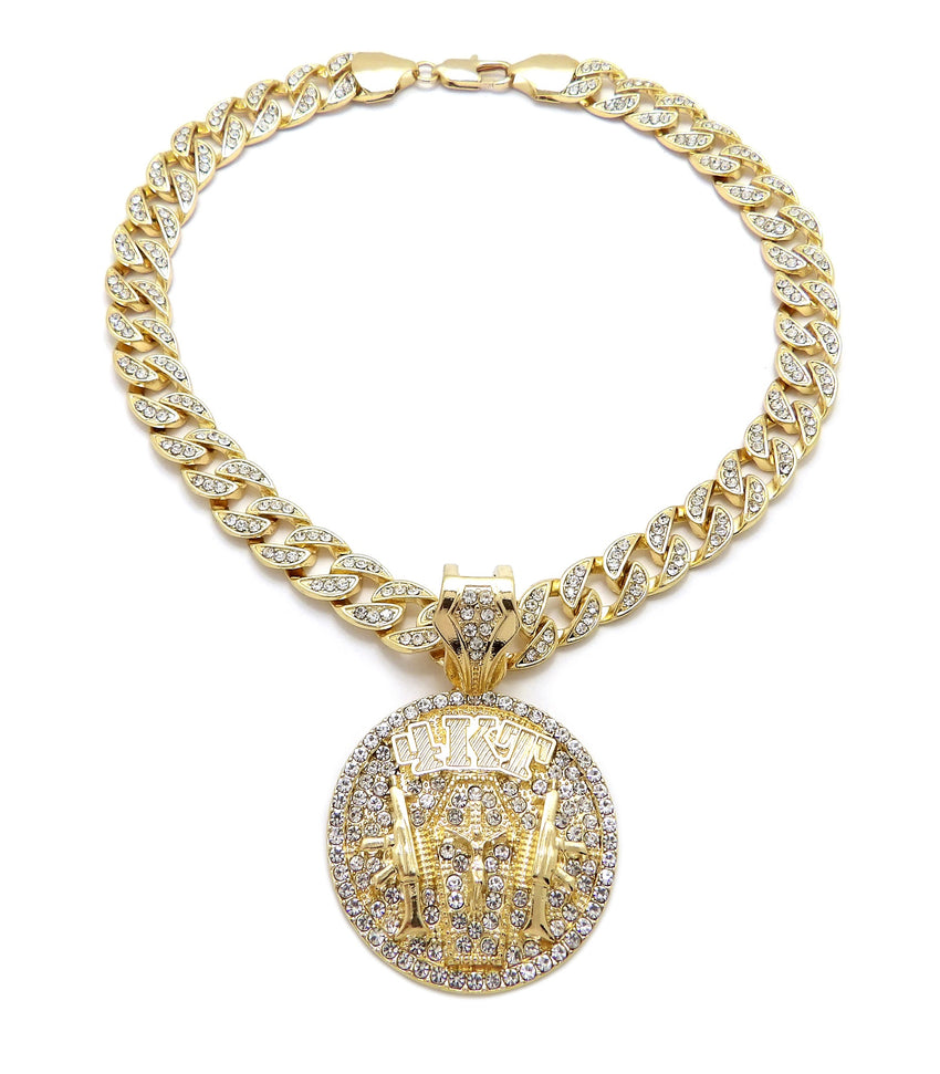 Hip Hop Gold Tone NBA YoungBoy 4KT Pendant & 10mm 18" 20" 24" Iced Cuban Chain Necklace