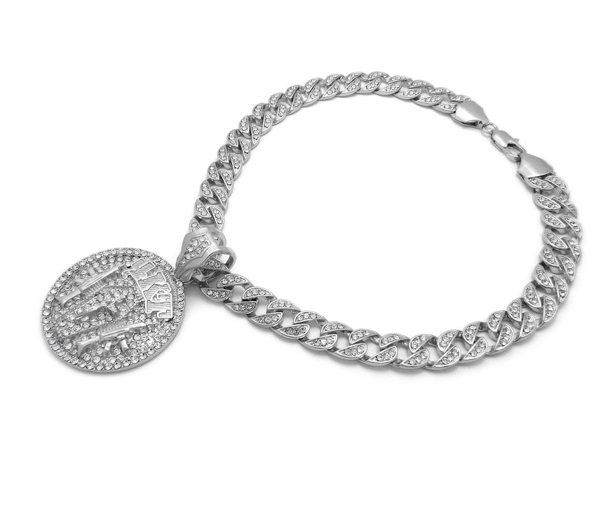 Hip Hop White Gold Tone NBA YoungBoy 4KT Pendant & 10mm 18" 20" 24" Iced Cuban Chain Necklace