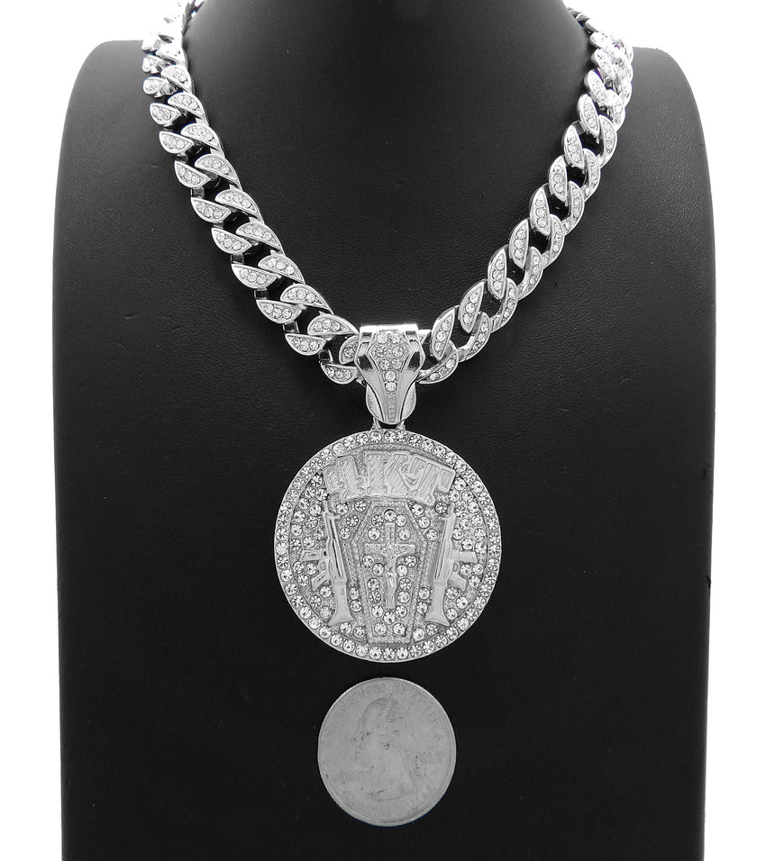 Hip Hop White Gold Tone NBA YoungBoy 4KT Pendant & 10mm 18" 20" 24" Iced Cuban Chain Necklace