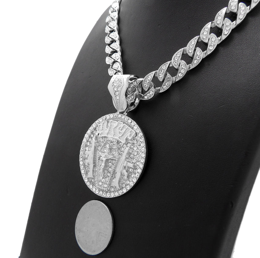 Hip Hop White Gold Tone NBA YoungBoy 4KT Pendant & 10mm 18" 20" 24" Iced Cuban Chain Necklace