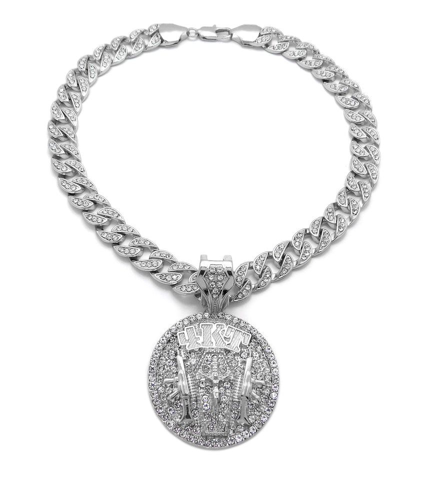 Hip Hop White Gold Tone NBA YoungBoy 4KT Pendant & 10mm 18" 20" 24" Iced Cuban Chain Necklace