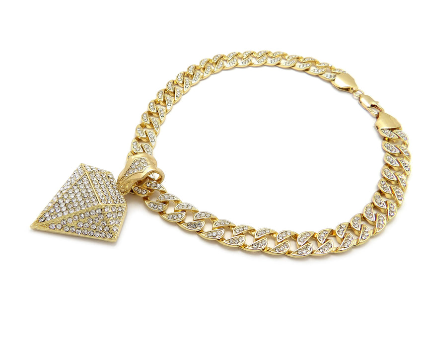 Hip Hop Gold PT Diamond Shape Pendant & 10mm 18" 20" 24" Iced Miami Cuban Chain Necklace