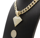 Hip Hop Gold PT Diamond Shape Pendant & 10mm 18" 20" 24" Iced Miami Cuban Chain Necklace