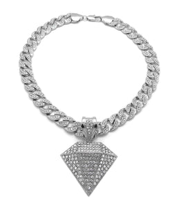 Hip Hop White Gold PT Diamond Shape Pendant & 10mm 18