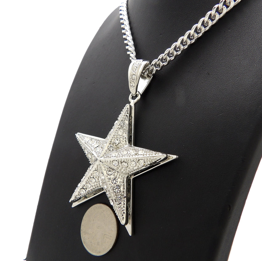 Silver PT Iced Large Star Bling Pendant & 6mm 24" 30" Cuban Chain Fashion Necklace