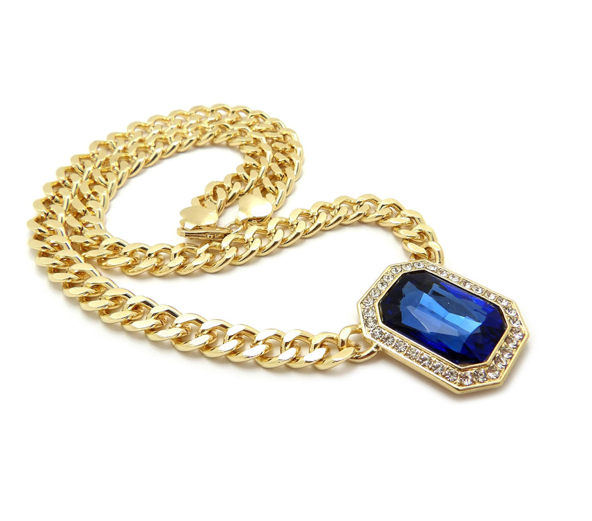 Hip Hop Iced Multi Color Gemstone Pendant & 9mm 18" Cuban Choker Chain Necklace
