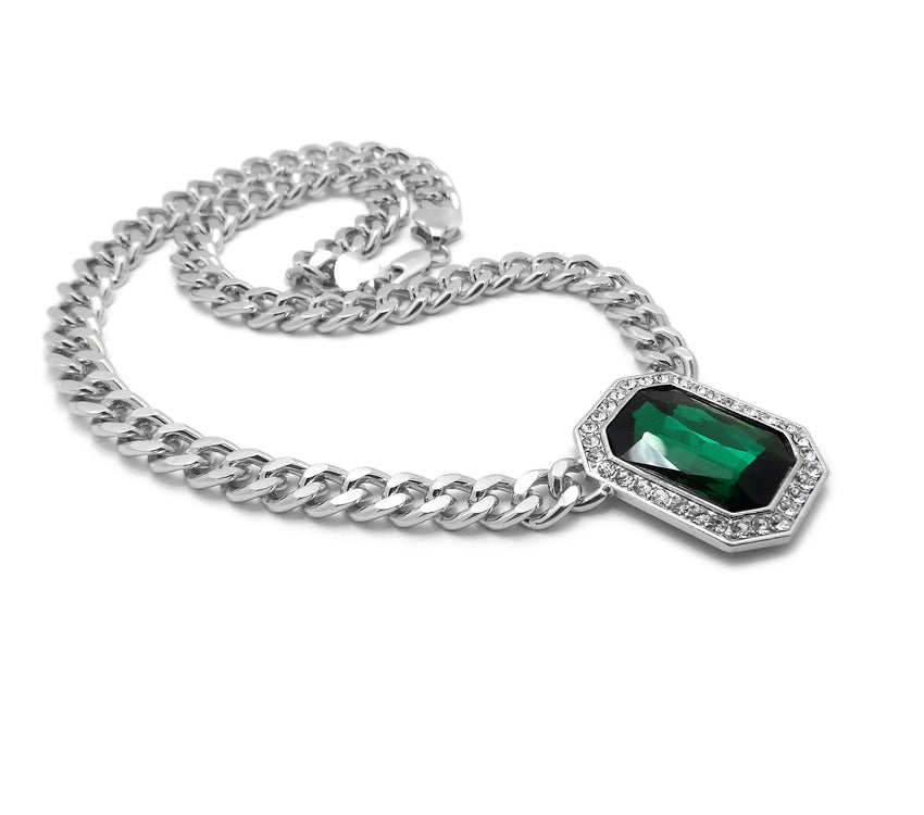 Hip Hop Iced Multi Color Gemstone Pendant & 9mm 18" Silver Plated Cuban Choker Chain Necklace