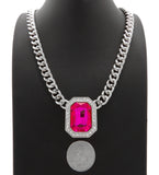 Hip Hop Iced Multi Color Gemstone Pendant & 9mm 18" Silver Plated Cuban Choker Chain Necklace