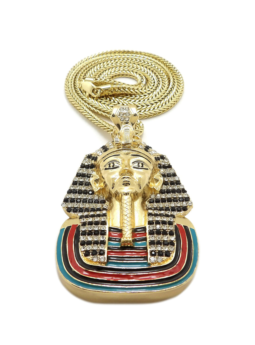 Hip Hop Iced out Pharaoh King Tut Pendant & 4mm 36" FRANCO CHAIN HIP HOP NECKLACE