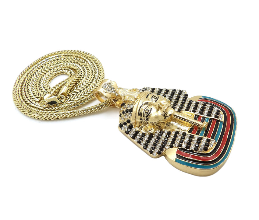Hip Hop Iced out Pharaoh King Tut Pendant & 4mm 36" FRANCO CHAIN HIP HOP NECKLACE