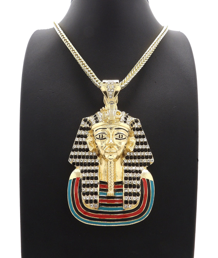 Hip Hop Iced out Pharaoh King Tut Pendant & 4mm 36" FRANCO CHAIN HIP HOP NECKLACE