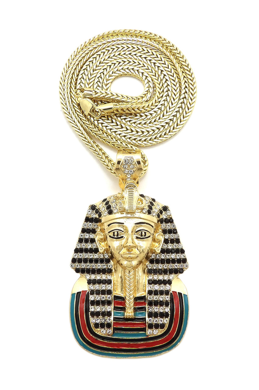 Hip Hop Iced out Pharaoh King Tut Pendant & 4mm 36" FRANCO CHAIN HIP HOP NECKLACE
