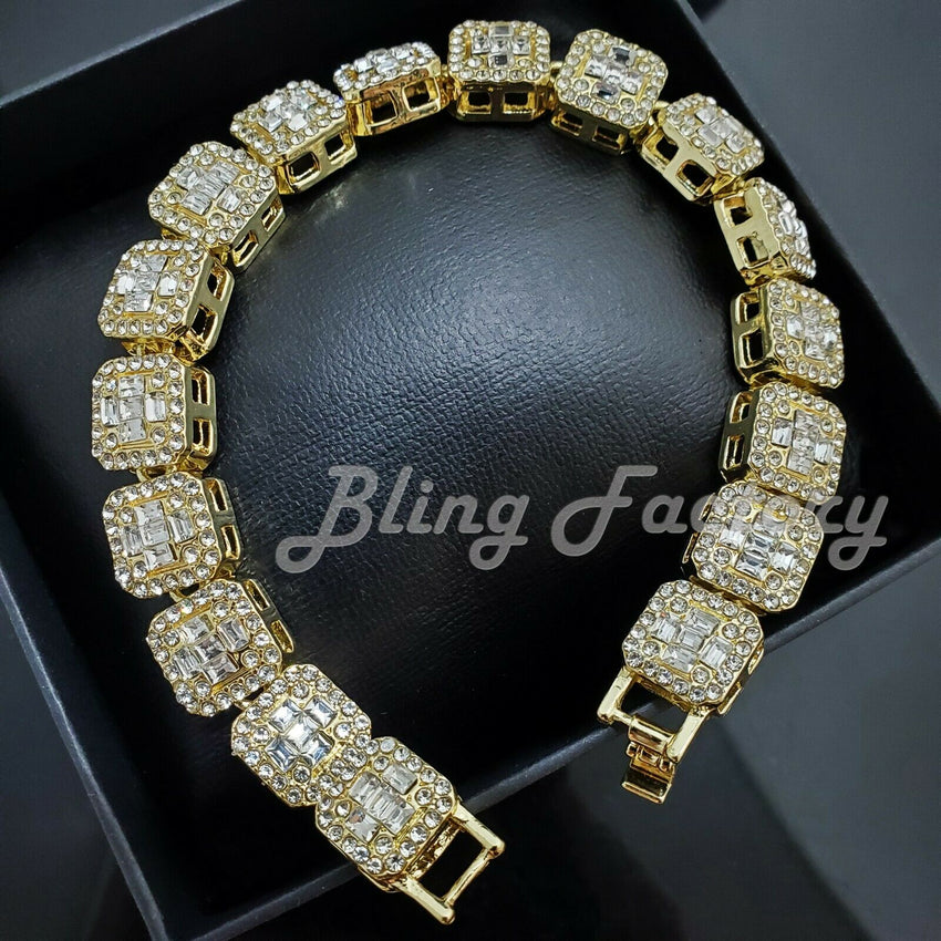 HIP HOP GOLD PT LUXURY BLING WATCH & ICED BAGUETTE STONE BRACELET GIFT SET