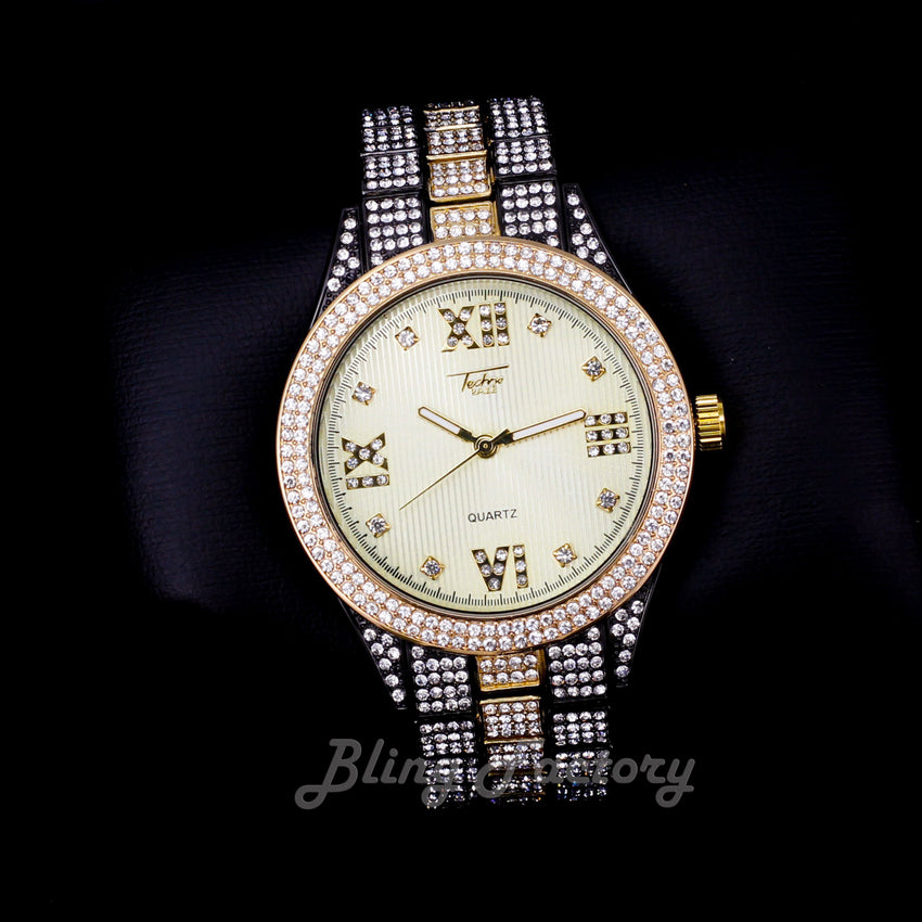 Hip Hop Iced Bling Two Tone NUMERAL INDEX Bling Lab Diamond Metal Watch