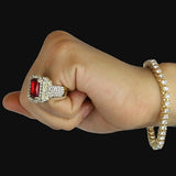 Hip Hop Iced out 14K Gold Plated 1 Row Bracelet & Red Ruby Ring Set