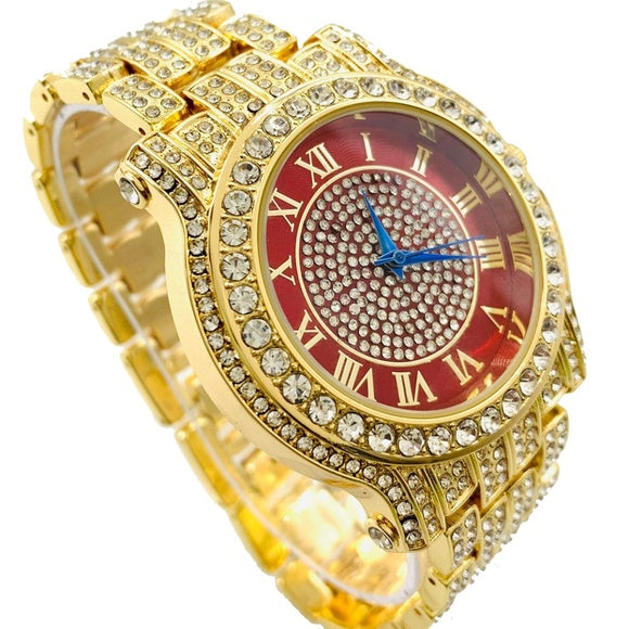 Men Hip Hop Icy Gold PT Rapper's Bling Luxury Lab Diamond Red Dial Metal Watch