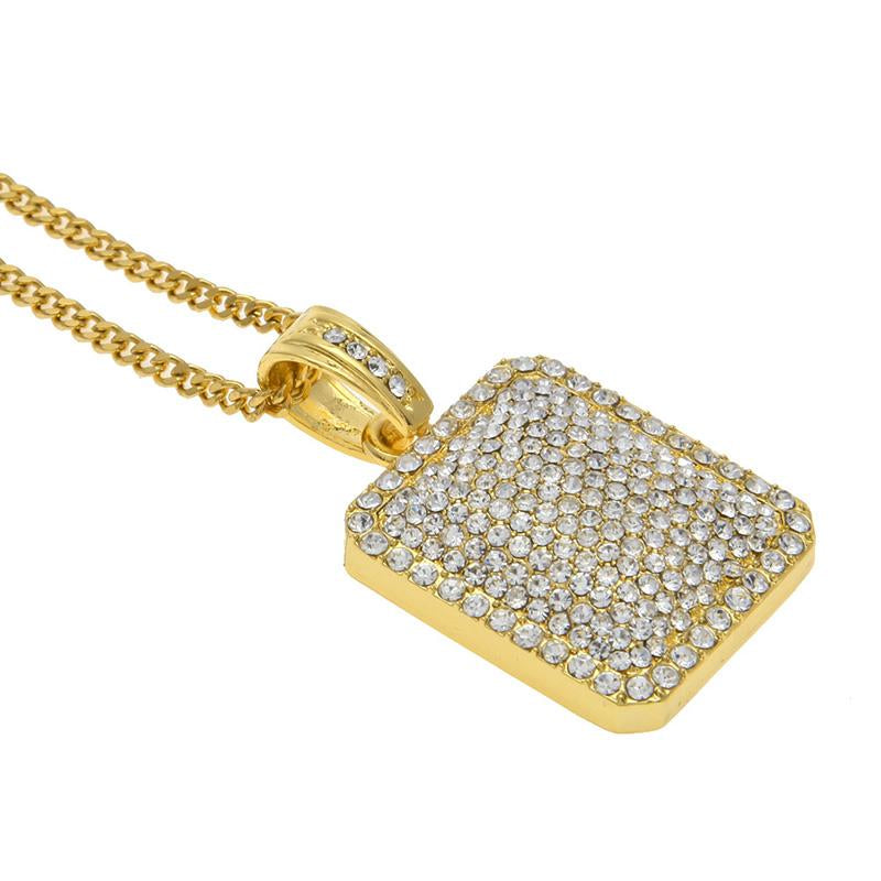Hip Hop Gold PT Iced Dog Tag Pendant & 4mm 18" 20" 24" Cuban Link Chain Necklace
