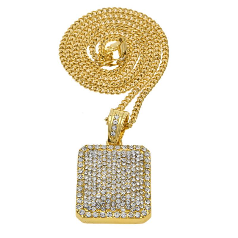 Hip Hop Gold PT Iced Dog Tag Pendant & 4mm 18" 20" 24" Cuban Link Chain Necklace
