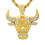 14K Gold Plated Cz Bulls Hip-Hop Pendant & 4mm 24" Rope Chain Necklace