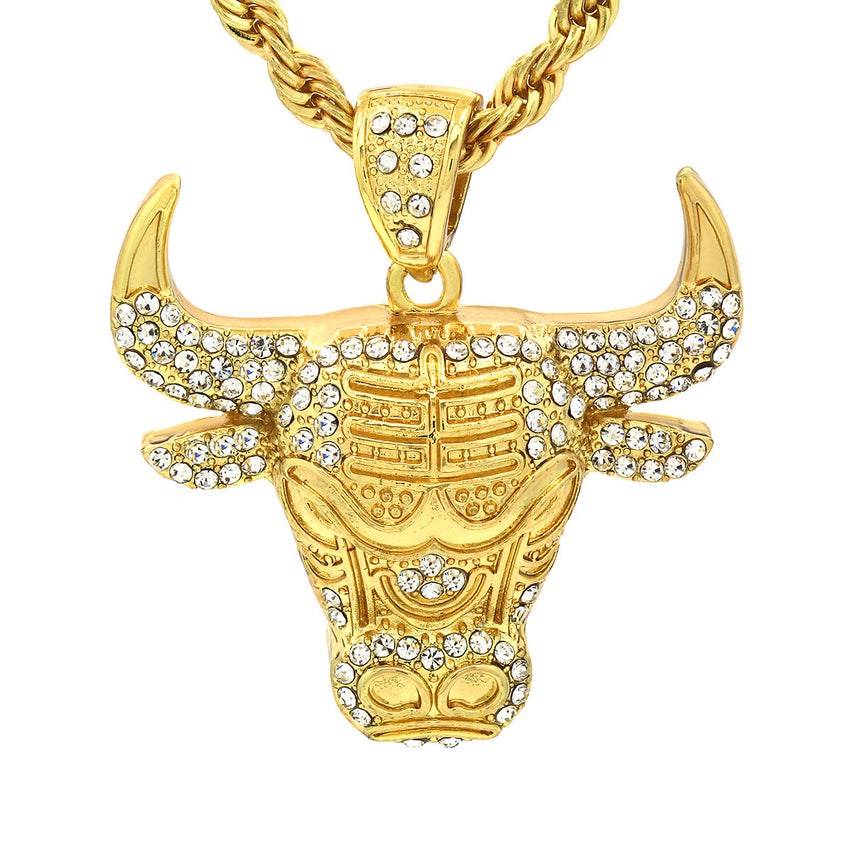 14K Gold Plated Cz Bulls Hip-Hop Pendant & 4mm 24" Rope Chain Necklace