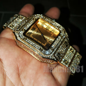 Men Hip Hop Gold Plated Iced Bling Lab Diamond Luxury Style Square Metal Band Watch