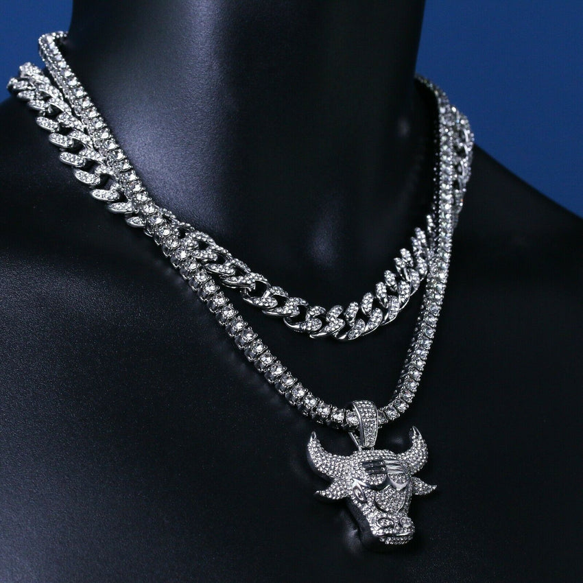 Silver plated Lab Diamond Bulls Pendant & 18" Full Iced Cuban & 20" 1 ROW Tennis Choker Chain Necklace set