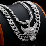 Silver plated Lab Diamond Bulls Pendant & 18" Full Iced Cuban & 20" 1 ROW Tennis Choker Chain Necklace set